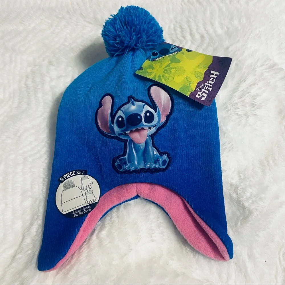 Disney Stitch Blue and Pink Kids Winter Hat and Gloves